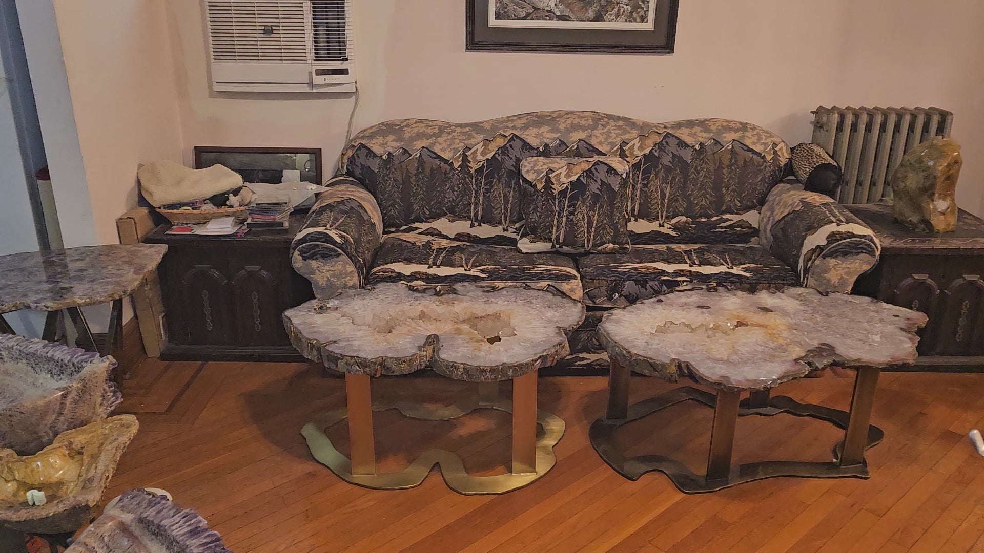 Giant Center Cut Agate Geode slab table #137 "Crisantemo" with custom brass base (45" x 26" x 19")