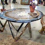 Load image into Gallery viewer, 32&quot; Giant Canter Cut Wild Blue Agate Geode Coffee Table With Custom Base
