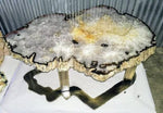Load image into Gallery viewer, Giant Center Cut Agate Geode slab table #136  with custom brass base (46&quot; x 28&quot; x 19&quot;)
