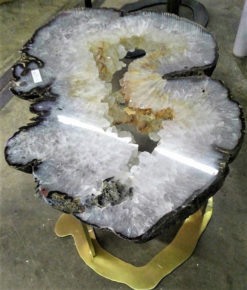 Giant Center Cut Agate Geode slab table #137 "Crisantemo" with custom brass base (45" x 26" x 19")