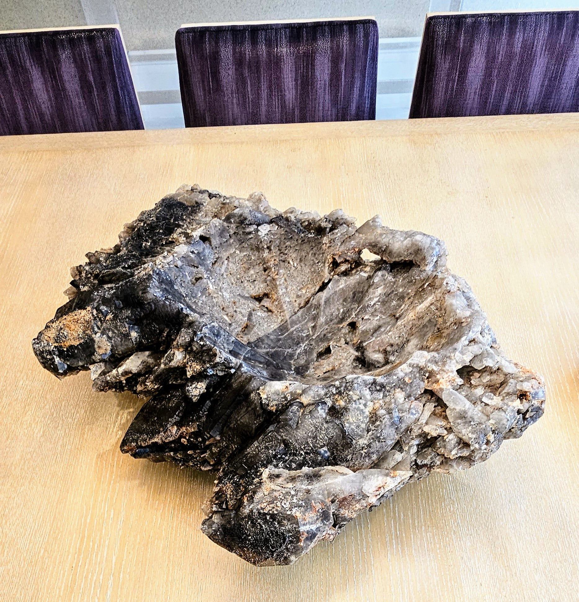 Stunning and unique 30"+ Elestial Smokey Quartz Clamshell Bowl.. weighs nearly 100/lbs