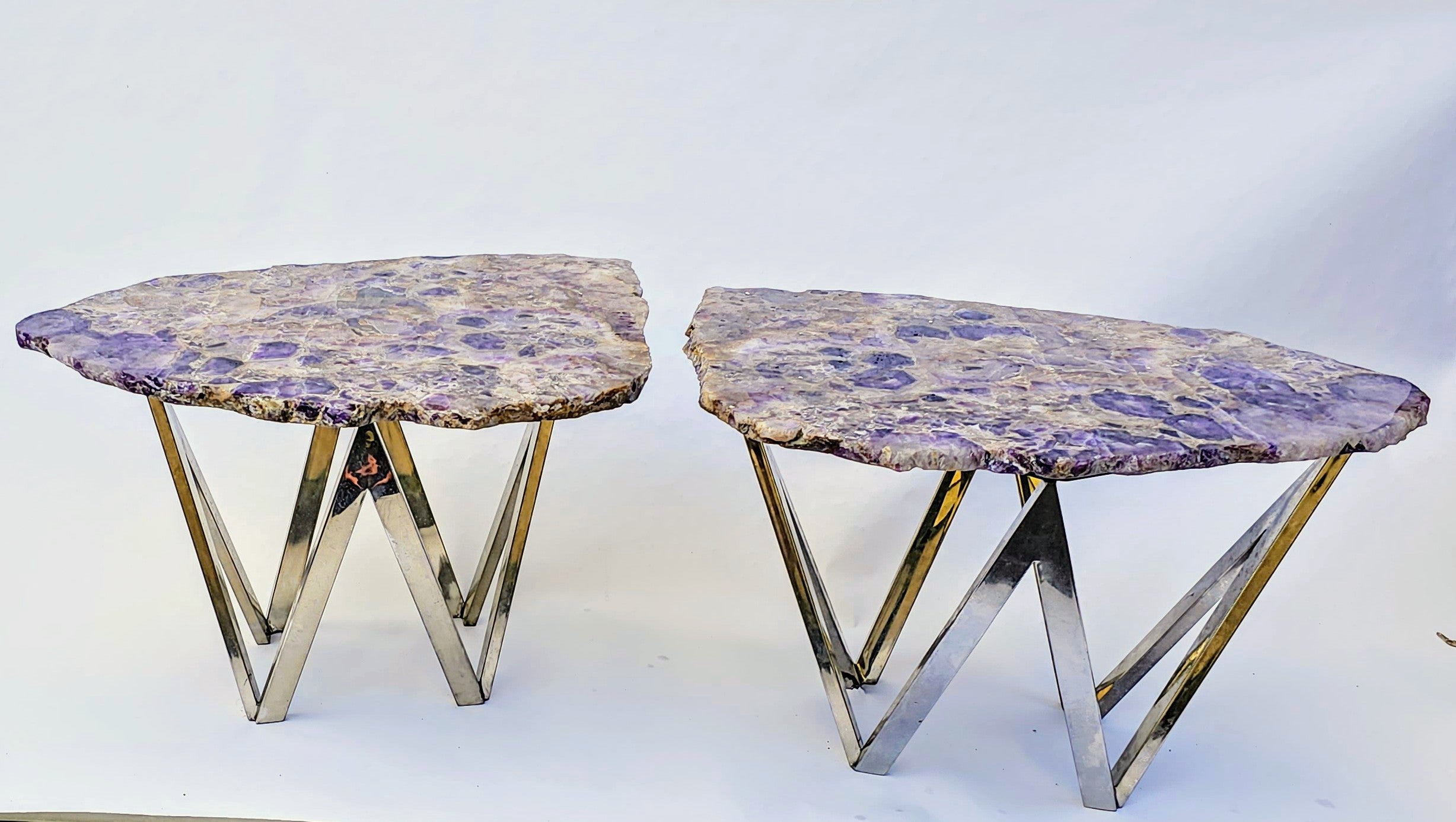 WILD and RARE Siberian Amethyst Table Matched Set With Stainless Steel Diamond Bases (35" x 23.5" x 23" tall, each table) Total Length Nearly 70"