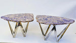 Load image into Gallery viewer, WILD and RARE Siberian Amethyst Table Matched Set With Stainless Steel Diamond Bases (35&quot; x 23.5&quot; x 23&quot; tall, each table) Total Length Nearly 70&quot;
