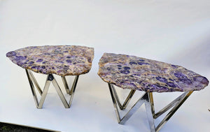 WILD and RARE Siberian Amethyst Table Matched Set With Stainless Steel Diamond Bases (35" x 23.5" x 23" tall, each table) Total Length Nearly 70"