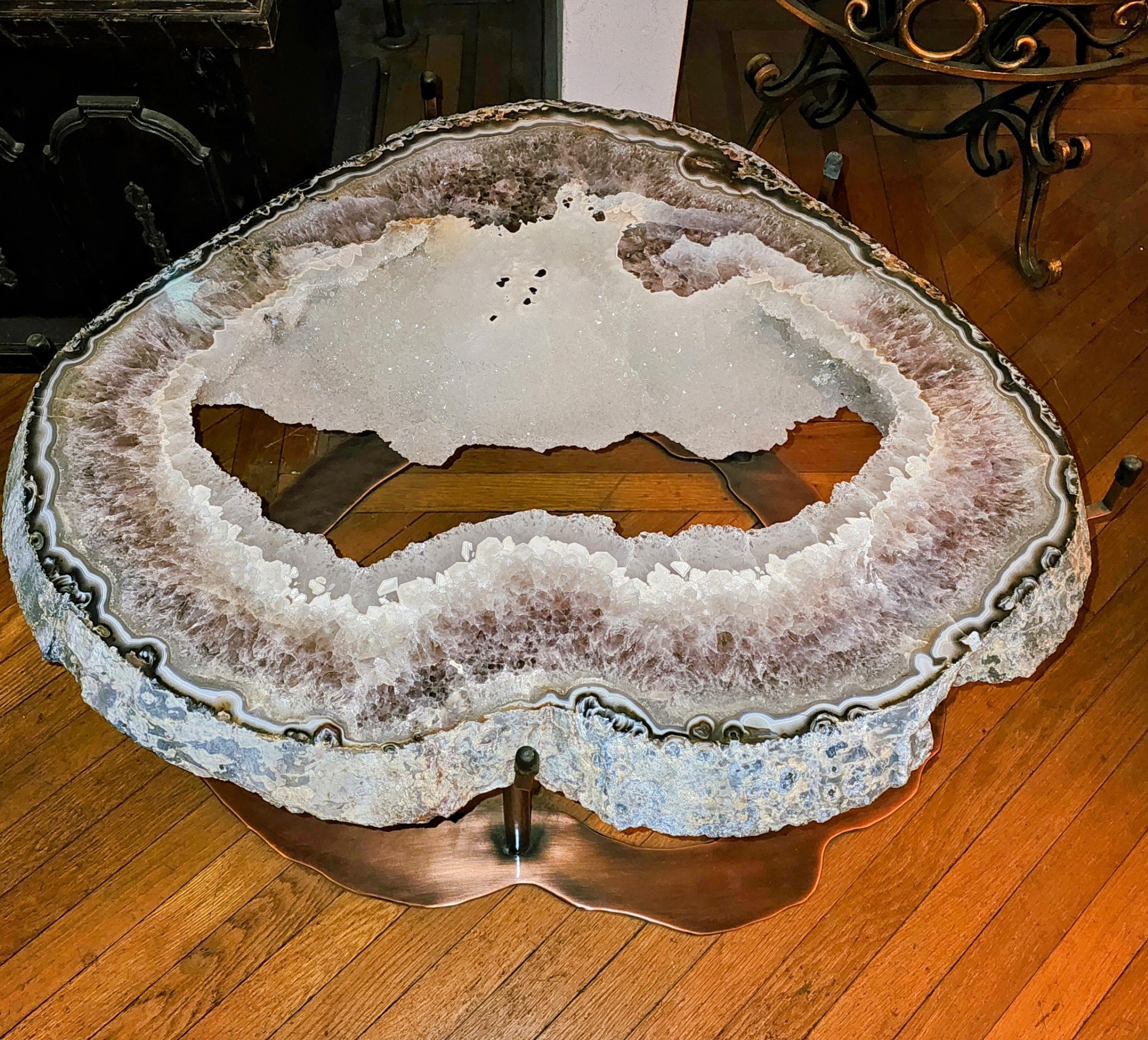 Giant Center Cut Agate Geode slab table #289 "Il Cuore" with custom brass base w/glass top (42" x 40" x 19")