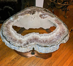 Load image into Gallery viewer, Giant Center Cut Agate Geode slab table #289 &quot;Il Cuore&quot; with custom brass base w/glass top (42&quot; x 40&quot; x 19&quot;)
