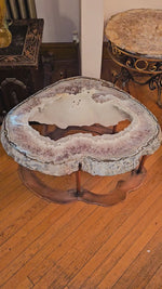 Load and play video in Gallery viewer, Giant Center Cut Agate Geode slab table #289 &quot;Il Cuore&quot; with custom brass base w/glass top (42&quot; x 40&quot; x 19&quot;)
