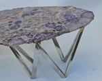 Load and play video in Gallery viewer, WILD and RARE Siberian Amethyst Table Matched Set With Stainless Steel Diamond Bases (35&quot; x 23.5&quot; x 23&quot; tall, each table) Total Length Nearly 70&quot;
