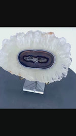 Load and play video in Gallery viewer, GIANT Stalactite Slice Amethyst Flower #021 7 5/8&quot; x 5 3/8&quot; x 3/8&quot; Thick  (Weighs 538 grams)
