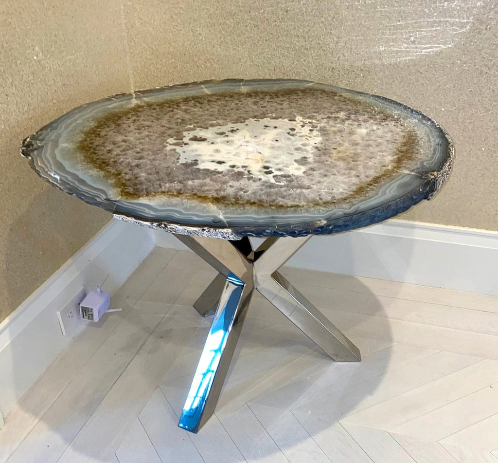 32" Giant Canter Cut Wild Blue Agate Geode Coffee Table With Custom Base