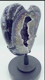 Load and play video in Gallery viewer, Amazing Amethyst Geode Heart with Blue Agate . 19&quot; Tall...
