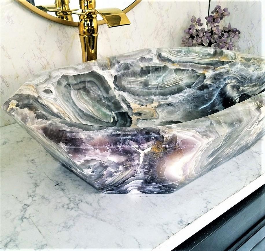 Solid Amethyst Purple Onyx Sink Octagonal #011 [Stunning colors and patterns](25” x 18” x 6” tall x 140/lbs) NOT MOSAIC!