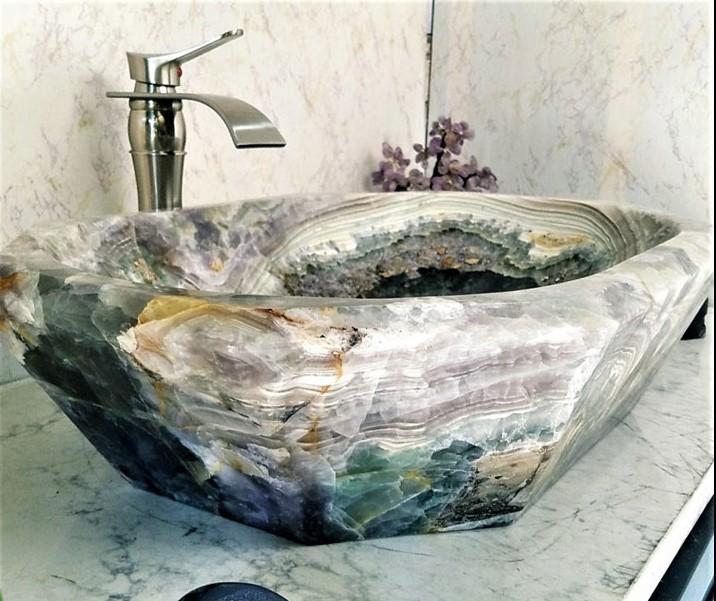 Solid Amethyst Purple Onyx Sink Octagonal #013 [Stunning colors and patterns] (25” x 18” x 6” tall x 140/lbs) NOT MOSAIC!