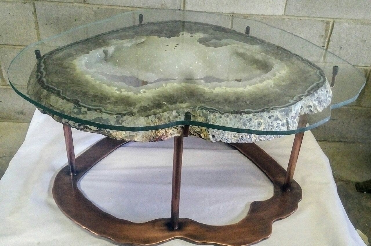 Giant Center Cut Agate Geode slab table #289 "Il Cuore" with custom brass base (50" x 40" x 20")