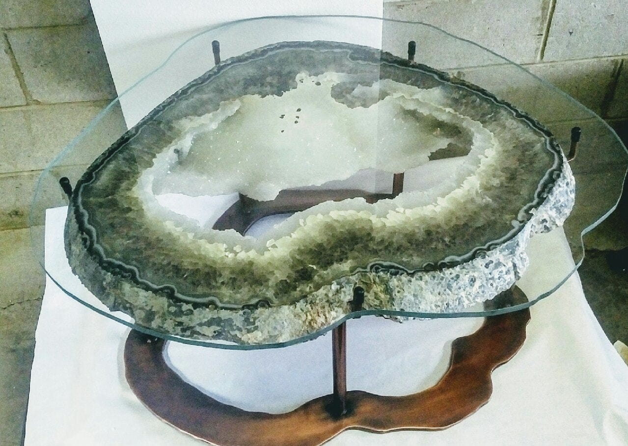 Giant Center Cut Agate Geode slab table #289 "Il Cuore" with custom brass base (50" x 40" x 20")